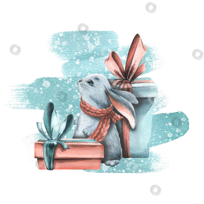 Скачать Милый маленький кролик с рождественскими подарками на фоне мазков синей краской со снежинками. Акварельная иллюстрация. Композиция из большого уютного ЗИМНЕГО комплекта. Для украшения и дизайна. фотосток Ozero