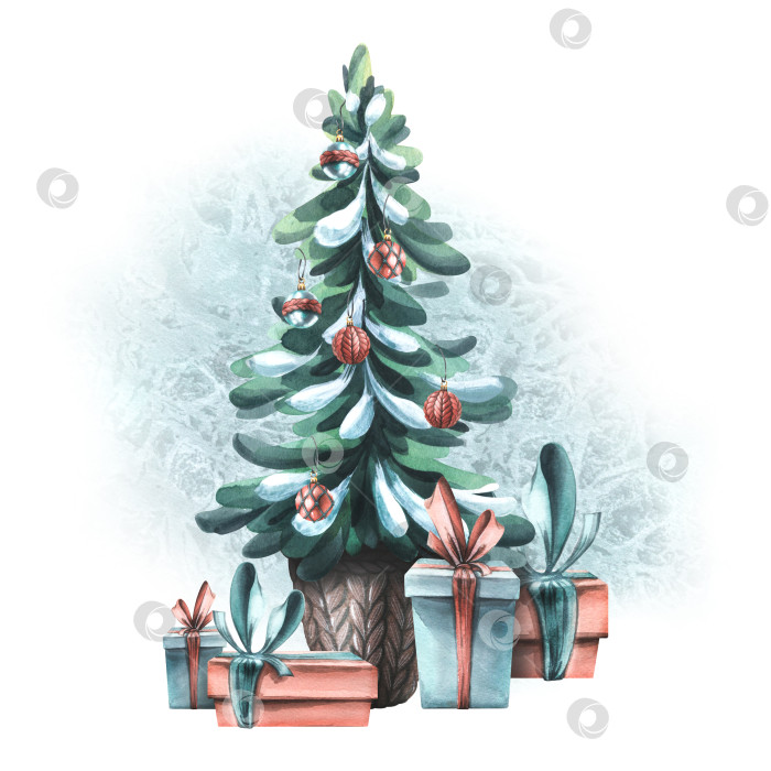 Скачать Рождественская композиция с елкой, украшенной воздушными шарами, с подарками и ледяным пятном. Акварельная иллюстрация из большого набора "УЮТНАЯ зима". Для украшения и декорирования, декор фотосток Ozero