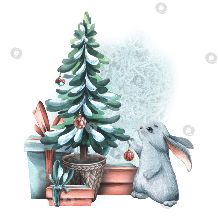 Скачать Кролик, символ 2023 года, наряжает рождественскую елку подарками. Акварельная иллюстрация. Композиция из большого уютного ЗИМНЕГО комплекта. Для украшения и оформления рождественских открыток фотосток Ozero