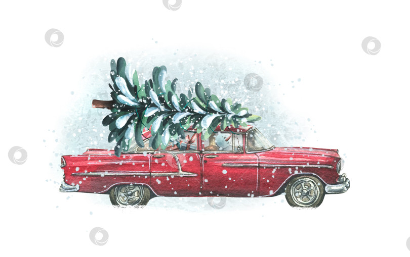 Скачать Красный ретро-автомобиль с рождественской елкой на крыше, со снеговиком, подарками, снегом. Акварельная иллюстрация. Композиция из большого уютного ЗИМНЕГО комплекта. Для украшения и дизайна к Новому году. фотосток Ozero