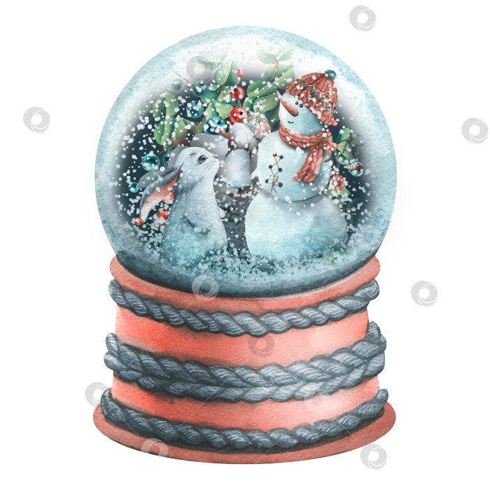 Скачать Стеклянный снежный шар на подставке со снеговиком и зайцем внутри. Акварельная иллюстрация. Композиция из большого уютного ЗИМНЕГО комплекта. Для украшения и дизайна нового года, рождественской зимы фотосток Ozero
