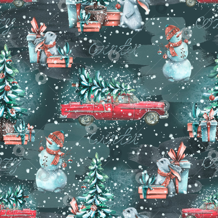 Скачать Новый год, Рождество, бесшовный узор с красным ретро-автомобилем, рождественскими елками, зайцами, снеговиками, снегом на темно-синем фоне. Акварельная иллюстрация из большого набора "УЮТНАЯ зима". Для тканей, текстильных изделий фотосток Ozero
