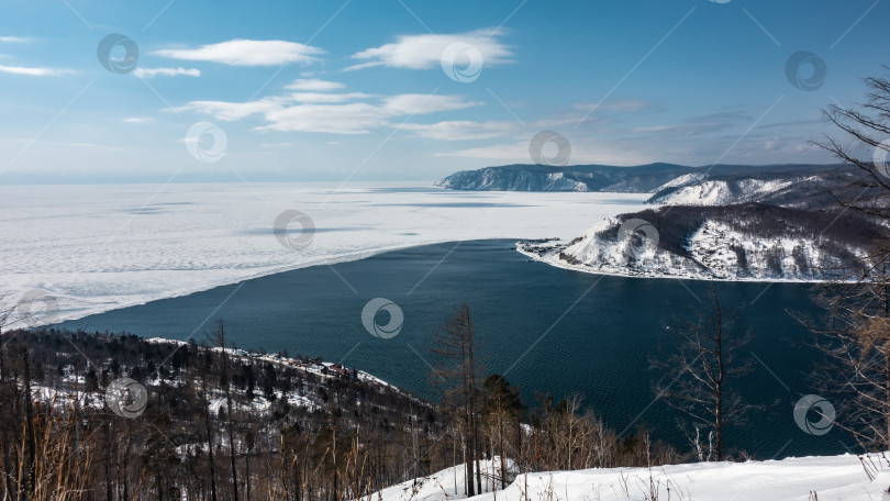 Скачать Незамерзающая река вытекает из замерзшего озера. фотосток Ozero