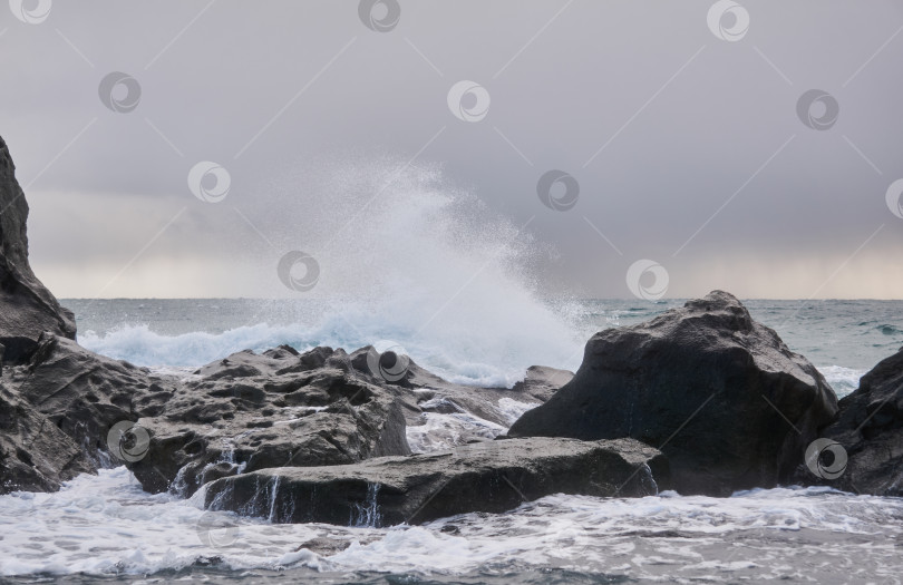 Скачать бурный прибой с брызгами среди прибрежных скал фотосток Ozero