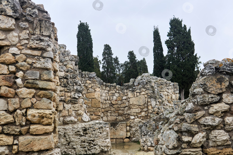 Скачать античные руины - остатки каменных стен среди кипарисов фотосток Ozero