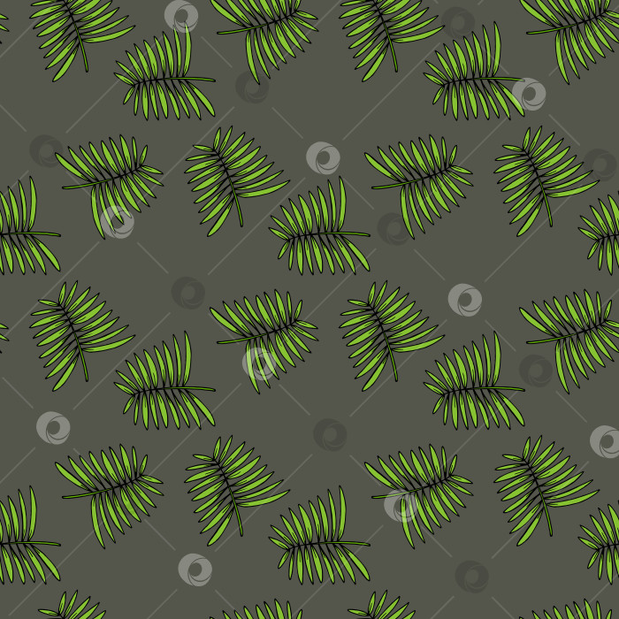 Скачать Бесшовный узор со стильными зелеными тропическими листьями на сером фоне. Векторное изображение. фотосток Ozero