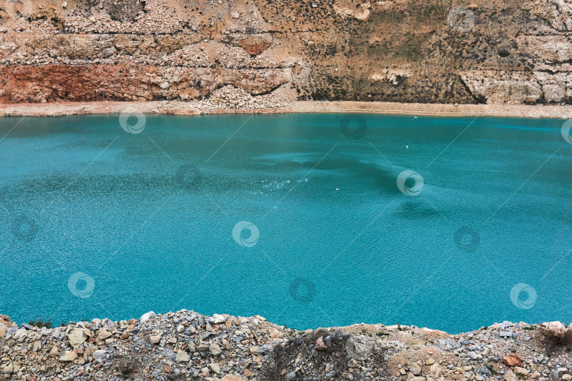 Скачать участок старого известнякового карьера с голубым озером и чайкой фотосток Ozero