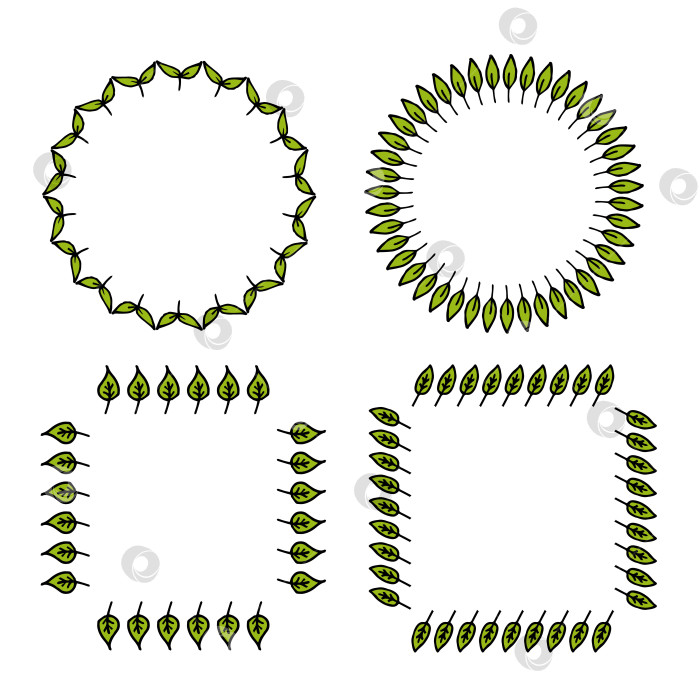 Скачать Набор круглых и квадратных рамок с креативными зелеными листьями на белом фоне. Векторное изображение. фотосток Ozero