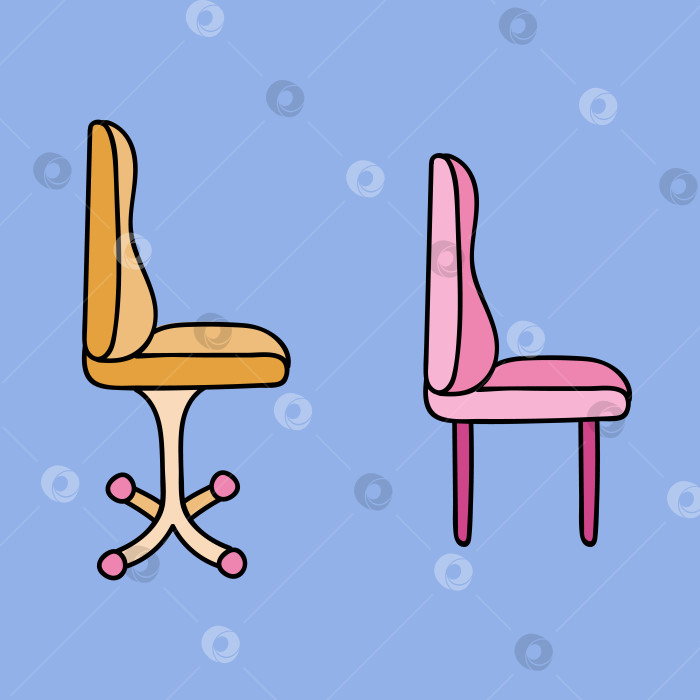 Скачать Набор симпатичных офисных стульев с нарисованными от руки мультяшными персонажами с удобной и мягкой спинкой, колесиками и прямыми ножками. Векторная иллюстрация клипарта, изолированная на заднем плане. фотосток Ozero