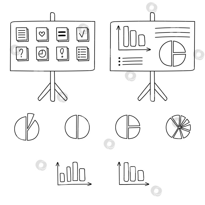 Скачать Симпатичный набор рисованных каракулей из диаграммы, флипчарта, диаграммного рисунка. Инфографический бизнес-элемент для презентаций, статистики, отчетов. Векторная иллюстрация, изолированная на фоне o с нарисованным от руки контуром каракуля. фотосток Ozero