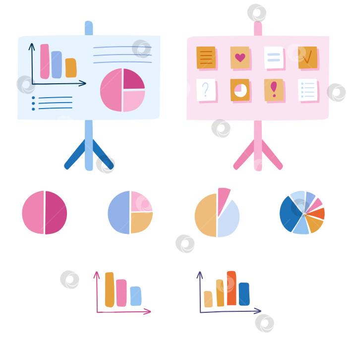 Скачать Симпатичный набор рисованных клипартов из диаграмм, графиков, флипчартов, диаграмматических элементов. Инфографический бизнес-элемент для презентаций, статистики, отчетов. Векторная иллюстрация, изолированная на заднем плане. фотосток Ozero