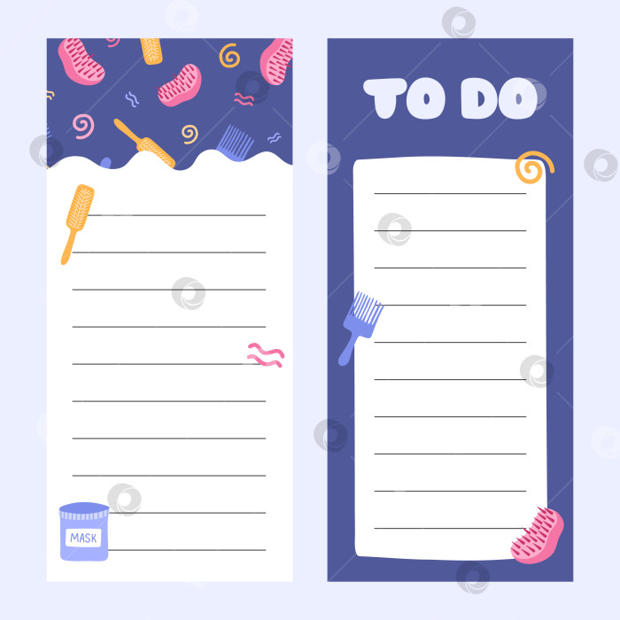 Скачать Симпатичные шаблоны альбомов для вырезок для планировщика (заметки, что сделать, что купить и другие) с красочными иллюстрациями с косметическими средствами для волос. С иллюстрациями, пригодными для печати и редактирования. Для школьного, университетского расписания. фотосток Ozero