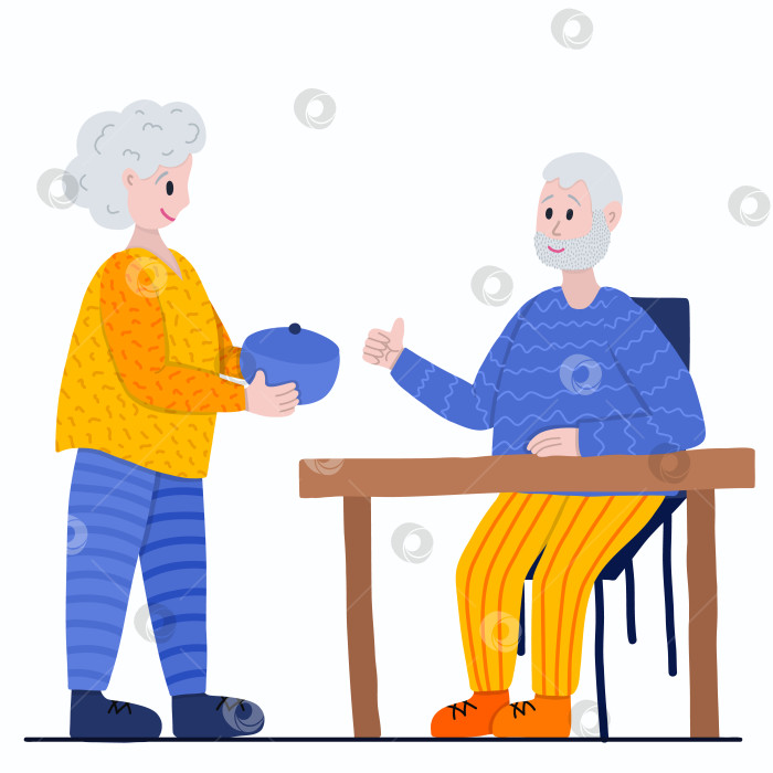 Скачать Пожилая пара на пенсии ужинает вместе. Бабушка накрывает на стол и ставит котелок. Дедушка показывает большие пальцы вверх. Стилизованная векторная иллюстрация, нарисованная от руки, изолированная на белом фоне. фотосток Ozero