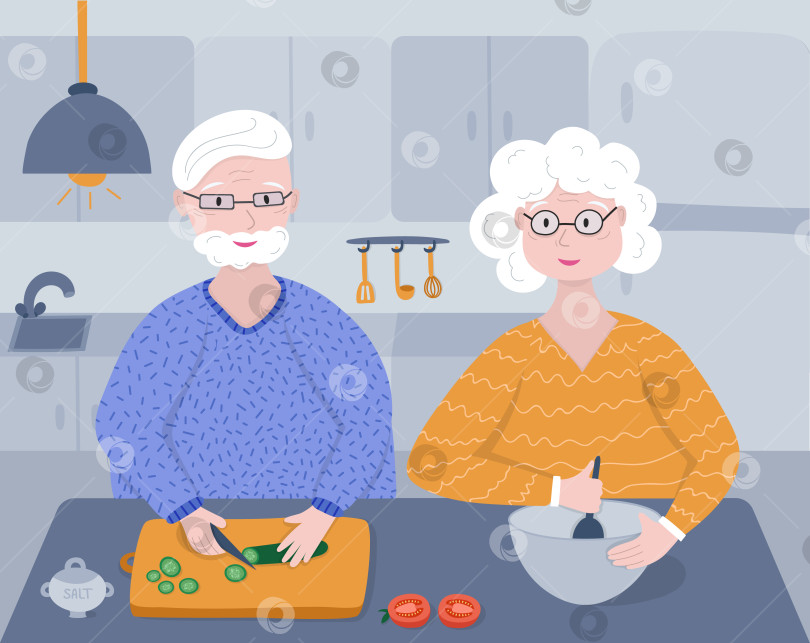 Скачать Пожилая пара пенсионеров вместе готовит овощной салат на уютной кухне фотосток Ozero