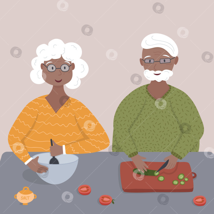 Скачать Старая чернокожая афроамериканская пара на пенсии готовит вместе овощной салат на столе фотосток Ozero