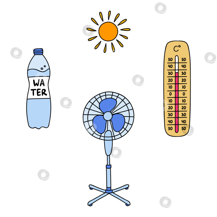 Скачать Симпатичный летний набор с водой, электрическим вентилятором, термометром, солнцем фотосток Ozero