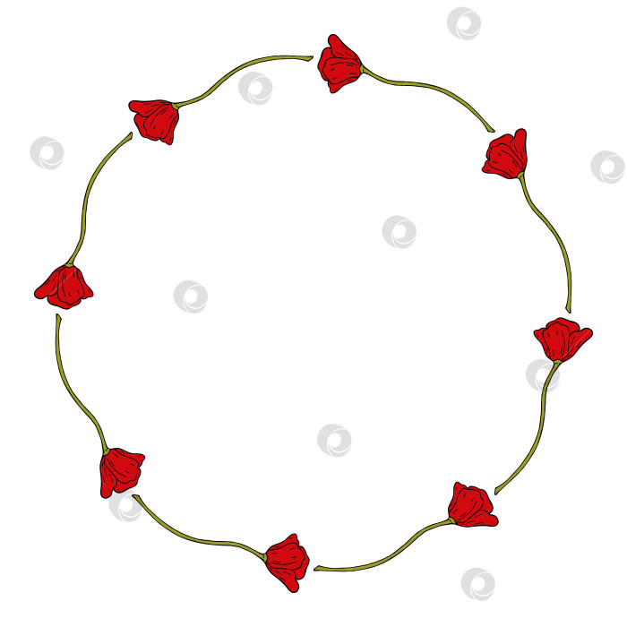 Скачать Круглая рамка с милыми красными маками на белом фоне. Векторное изображение. Стиль каракулей. фотосток Ozero
