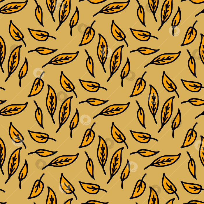 Скачать Бесшовный узор из осенних оранжевых листьев на бежевом фоне. Векторное изображение. Стиль каракулей. фотосток Ozero