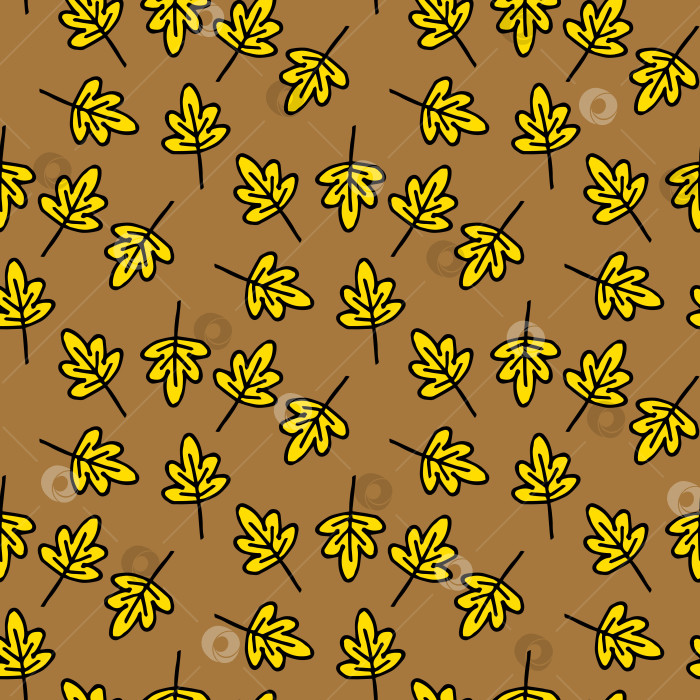 Скачать Бесшовный узор из осенних желтых листьев на светло-коричневом фоне. Векторное изображение. Стиль каракулей. фотосток Ozero