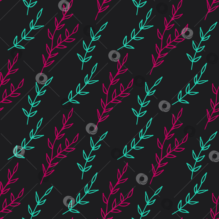 Скачать Бесшовный узор с ярко-розовыми и зелеными ветвями на черном фоне. Векторное изображение. Стиль каракулей. фотосток Ozero