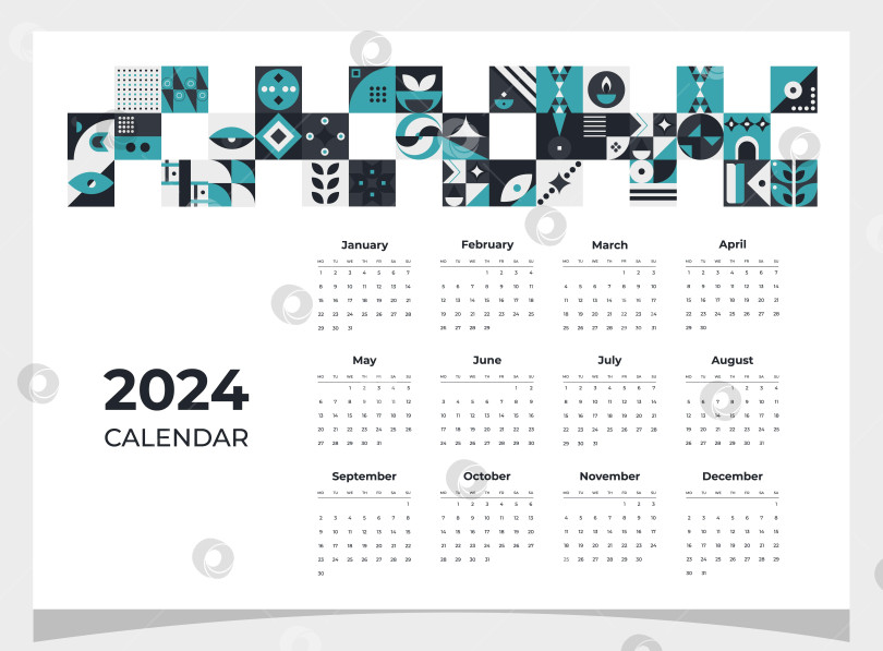 Скачать Календарь на 2024 год с геометрическими узорами. Шаблон календаря на 2024 год с геометрическими фигурами. фотосток Ozero