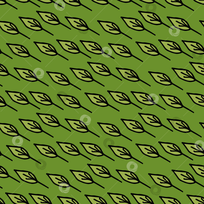 Скачать Бесшовный узор с простыми зелеными листьями на ярко-зеленом фоне. Векторное изображение. Стиль каракулей. фотосток Ozero