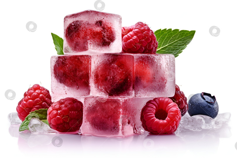 Скачать Кубики фруктового льда с органическими ягодами. Кубики льда из малины, черники и мяты, выделенные на белом фоне. Рекламный баннер с фруктовым льдом. Кубики льда с замороженными ягодами внутри. Созданный искусственным интеллектом фотосток Ozero