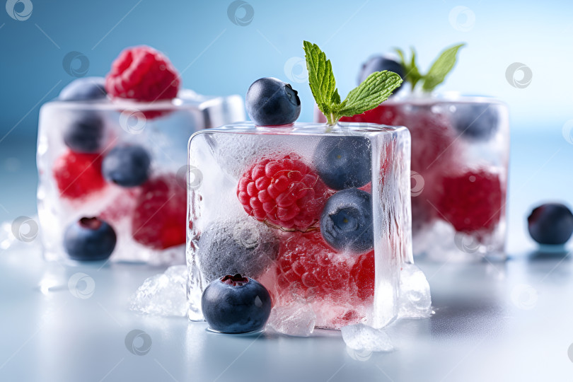 Скачать Кубики фруктового льда с ягодами. Кубики льда из малины, черники и мяты на столе на светло-голубом фоне. Рекламный баннер с фруктовым льдом. Кубики льда с замороженными ягодами внутри. Созданный искусственным интеллектом фотосток Ozero