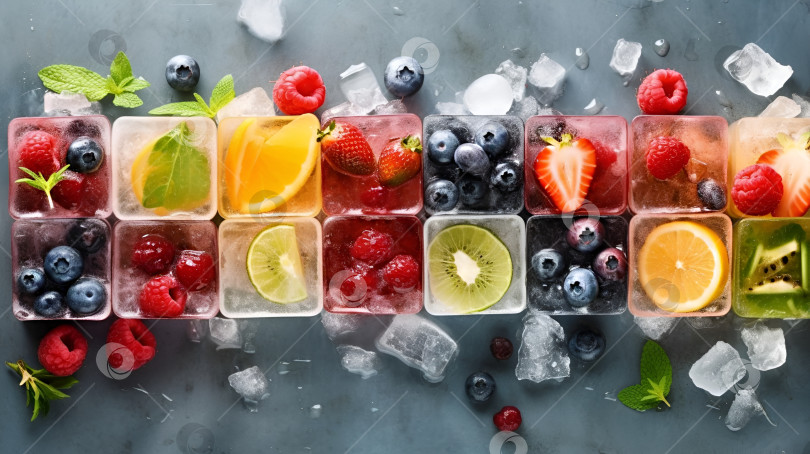 Скачать Кубики фруктового льда с ягодами и фруктами. Ассортимент кубиков льда, наполненных замороженными фруктовыми дольками и ягодами внутри. Набор кубиков фруктового льда, рекламный баннер. Созданный искусственным интеллектом фотосток Ozero