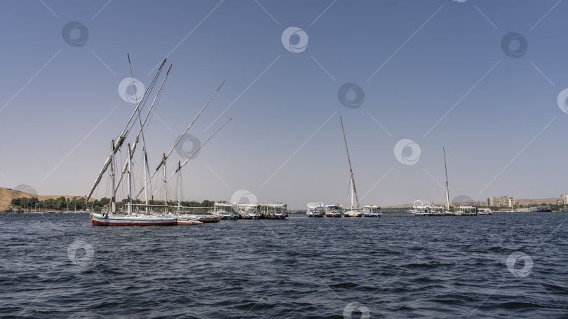 Скачать Туристические лодки и фелюги припаркованы на побережье Нила. фотосток Ozero