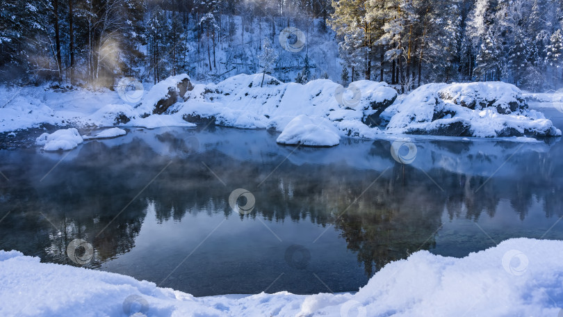 Скачать Незамерзающее озеро окружено заснеженными берегами. фотосток Ozero