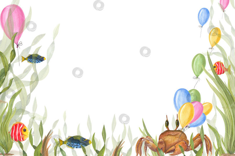 Скачать Акварельная открытка в морском стиле для детских дней рождения, выделенная на белом фоне. Ручная роспись иллюстрации для поздравительной открытки, плаката, фона, открытки, приглашения фотосток Ozero