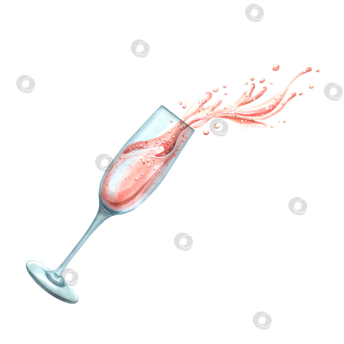 Скачать Бокал с брызгами розового шампанского. Акварельная иллюстрация. Изолированный предмет из большого набора "С ДНЕМ рождения". Для оформления, дизайна и композиций меню, открыток, поздравлений, логотипа фотосток Ozero