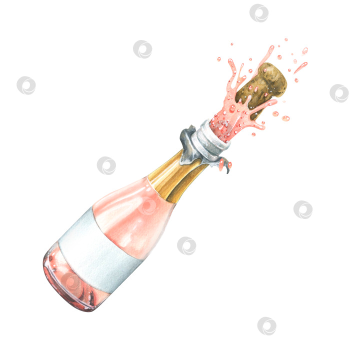 Скачать Стеклянная бутылка с розовым шампанским, вылетающая вместе с пробкой. Акварельная иллюстрация. Изолированный предмет из большого набора "С ДНЕМ рождения". Для украшения и композиции - поздравительная тема фотосток Ozero
