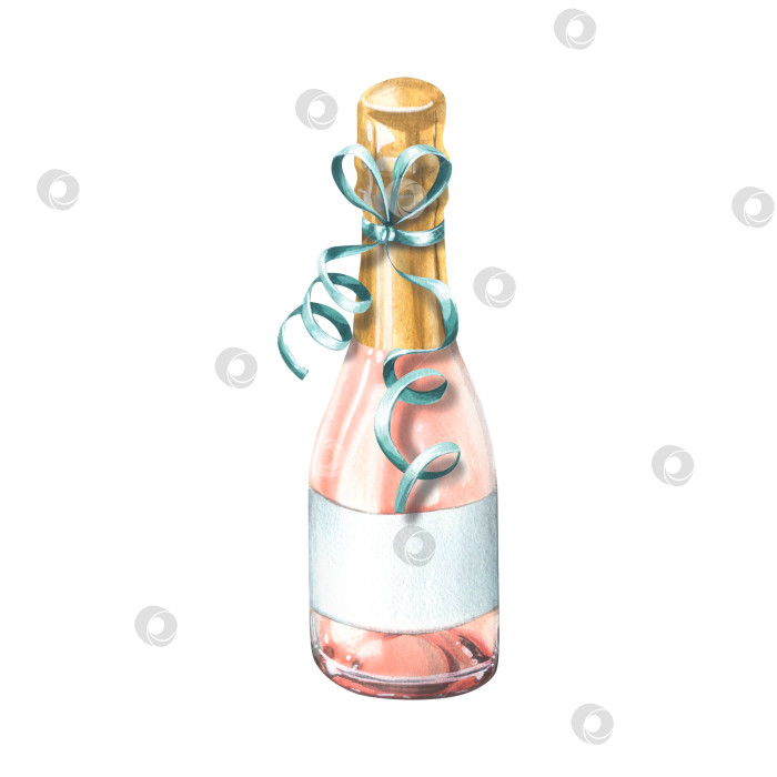 Скачать Закрытая бутылка розового шампанского с праздничной лентой. Акварельная иллюстрация. Изолированный предмет из большого набора "С ДНЕМ рождения". Для украшения и дизайна фотосток Ozero
