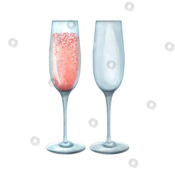 Скачать Пустой бокал для шампанского и полный бокал с розовым шампанским. Акварельная иллюстрация. Изолированные предметы из большого набора С ДНЕМ РОЖДЕНИЯ. Для украшения и оформления праздничного реквизита. фотосток Ozero