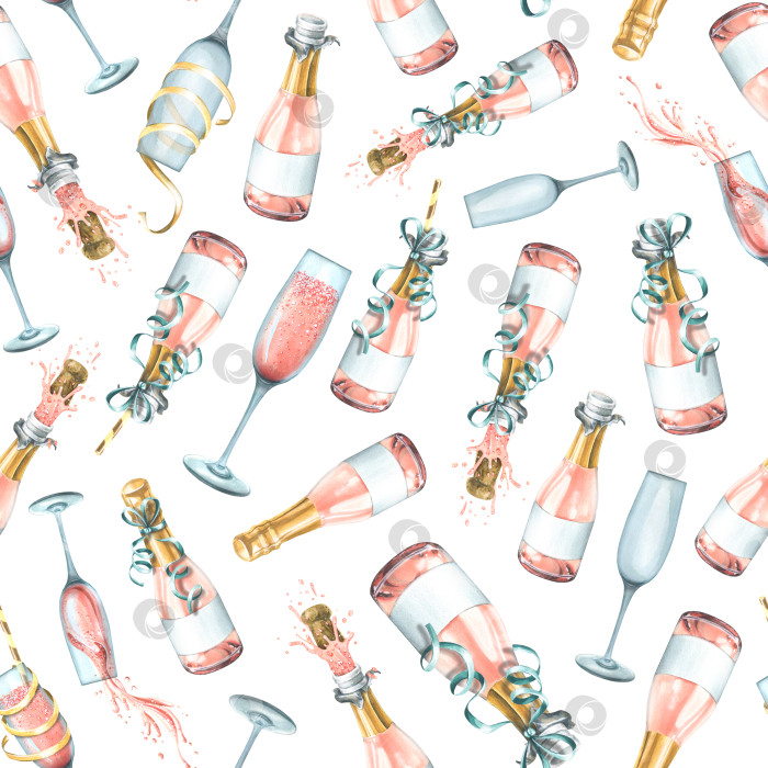 Скачать Бутылки и бокалы с розовым шампанским, украшенные праздничными лентами. Акварельная иллюстрация. Бесшовный узор на белом фоне из большого набора HAPPY BIRTHDAY. Для поздравлений и подарков фотосток Ozero