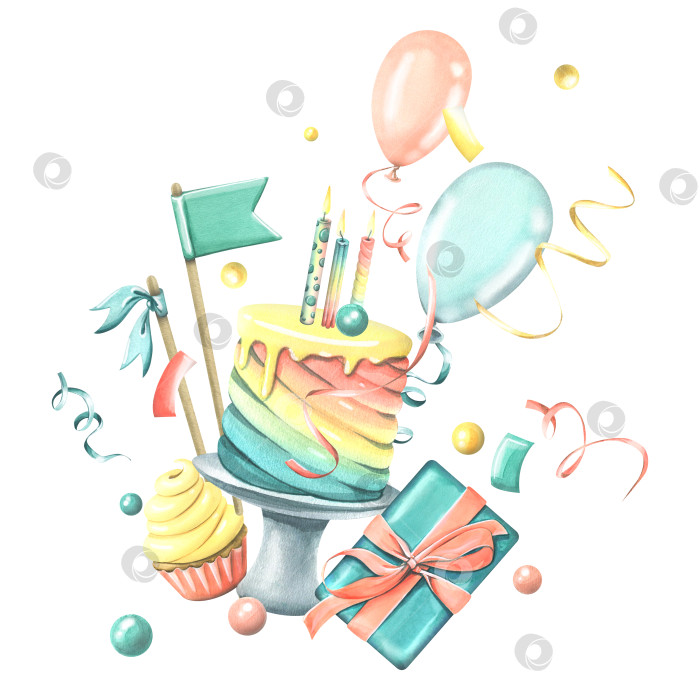 Скачать Праздничный радужный торт со свечами, флажками, подарочной коробкой для кексов, воздушными шарами и конфетти. Акварельная иллюстрация. Композиция из коллекции HAPPY BIRTHDAY. Для украшения, оформления поздравлений фотосток Ozero
