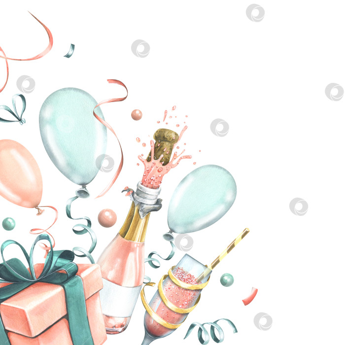 Скачать Подарочная коробка с бутылкой и бокалом шампанского, с воздушными шарами и конфетти, розовая и голубая. Акварельная иллюстрация. Праздничная композиция из коллекции HAPPY BIRTHDAY. За поздравления фотосток Ozero