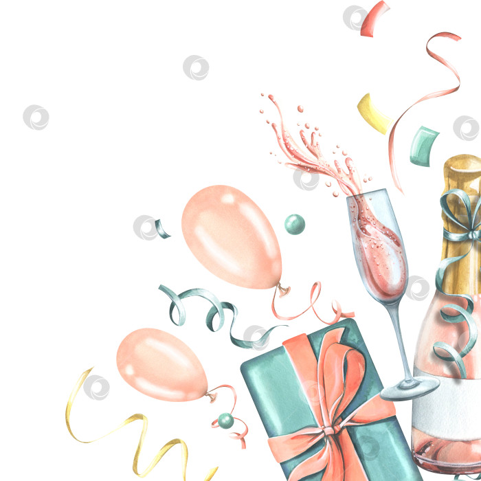 Скачать Подарочная коробка с бутылкой и бокалом шампанского, с воздушными шарами и конфетти, розовая и голубая. Акварельная иллюстрация. Праздничный шаблон из коллекции HAPPY BIRTHDAY. За поздравления фотосток Ozero