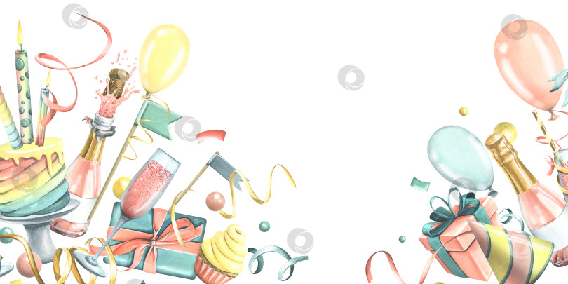 Скачать Шампанское в бутылках и бокалах с тортом, подарками, воздушными шарами, свечами, флагами и конфетти. Акварельная иллюстрация. Праздничный шаблон из коллекции HAPPY BIRTHDAY. За поздравления фотосток Ozero