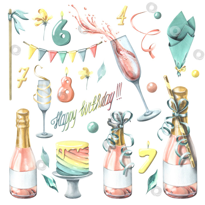 Скачать Праздничный набор с розовым шампанским в бутылках и бокалах, с тортом, флажками, конфетти и цифрами. Акварельная иллюстрация, нарисованная от руки. Изолированные объекты на белом фоне на день рождения фотосток Ozero