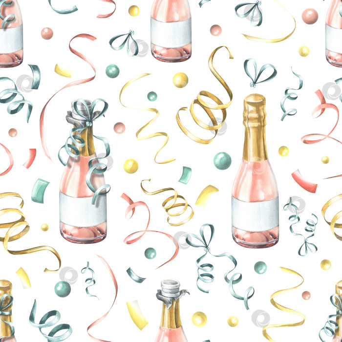 Скачать Бутылки розового шампанского с конфетти и лентами. Акварельная иллюстрация, нарисованная от руки. Бесшовный узор на белом фоне. Для поздравлений, оберточной бумаги, праздников. фотосток Ozero