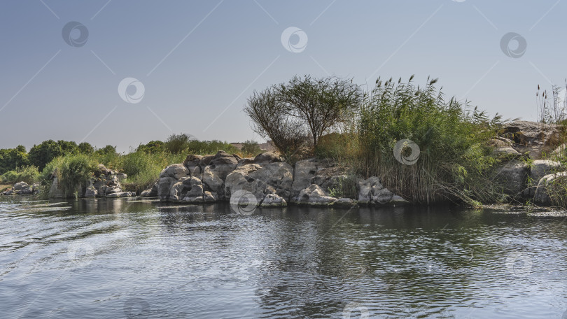 Скачать На берегах Нила видны живописные валуны и заросли тростника. фотосток Ozero