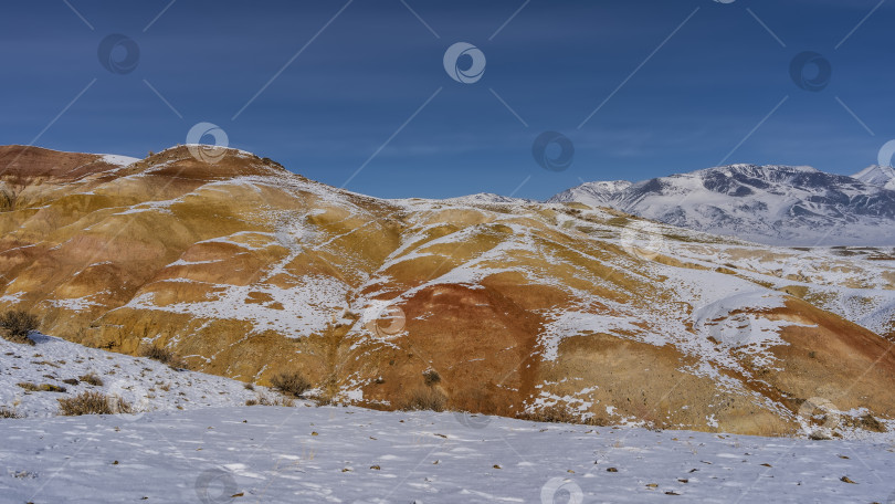 Скачать Необычные красно-оранжевые холмы и заснеженный хребет на фоне голубого неба фотосток Ozero