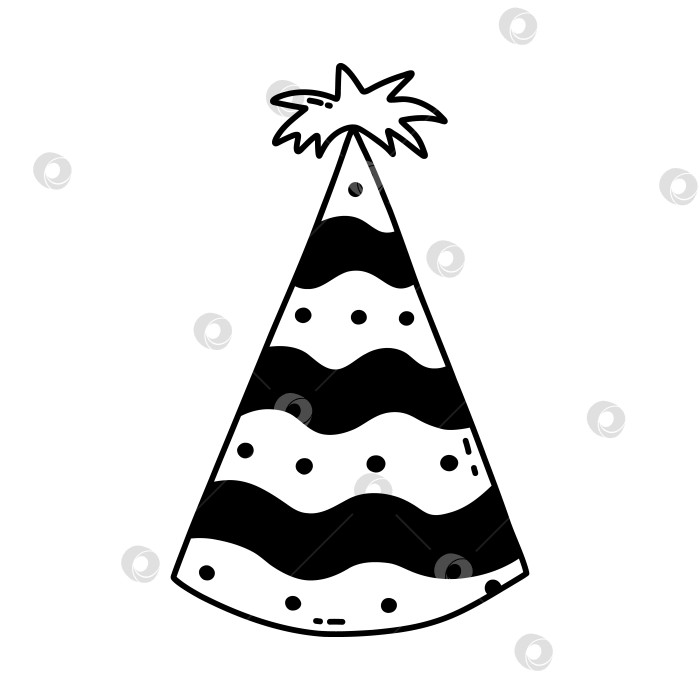 Скачать Шляпа для вечеринки по случаю дня рождения с ладонью наверху. Эскиз праздничного конуса и рождественской шапочки с милым украшением. Простой векторный черный каракуль с нарисованным от руки контуром, выделенным на белом фоне фотосток Ozero