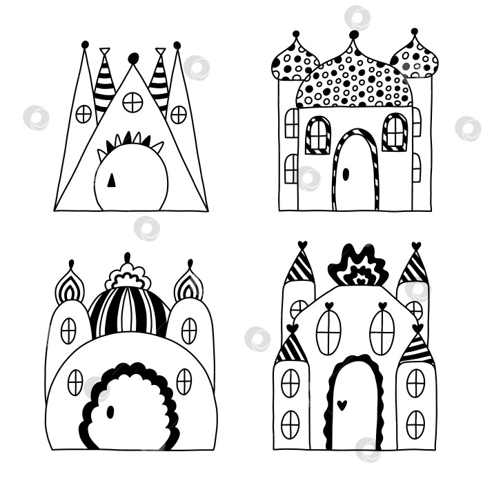 Скачать Милый набор со сказочными замками с башнями королей и королев. Набор волшебных средневековых замков для детской комнаты, детские плакаты, дизайн спальни. Векторный рисованный рисунок королевского королевства фотосток Ozero