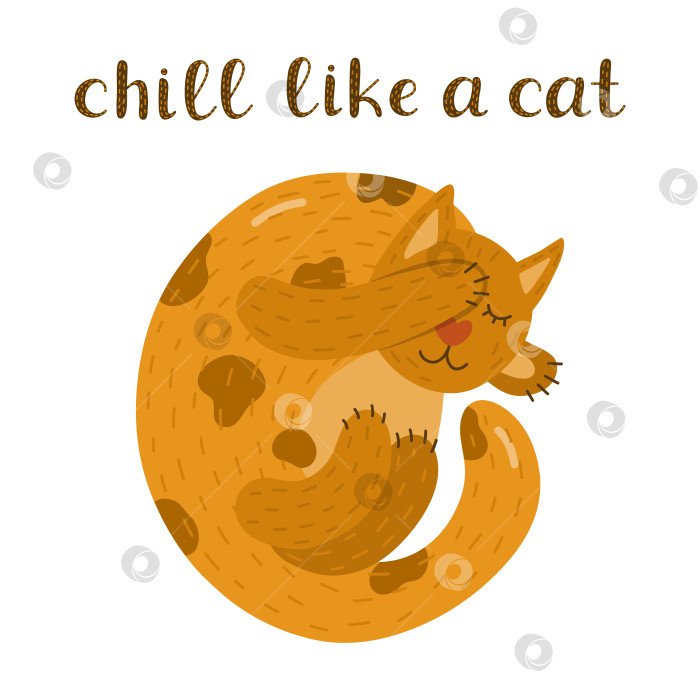 Скачать Милый кот в забавной позе и забавной надписью "Холод, как у кошки". Персонаж котенка спит и прикрывает голову лапой. Кавайный ленивый котенок идеально подходит для принтов, наклеек, футболок. Нарисованная от руки иллюстрация. фотосток Ozero