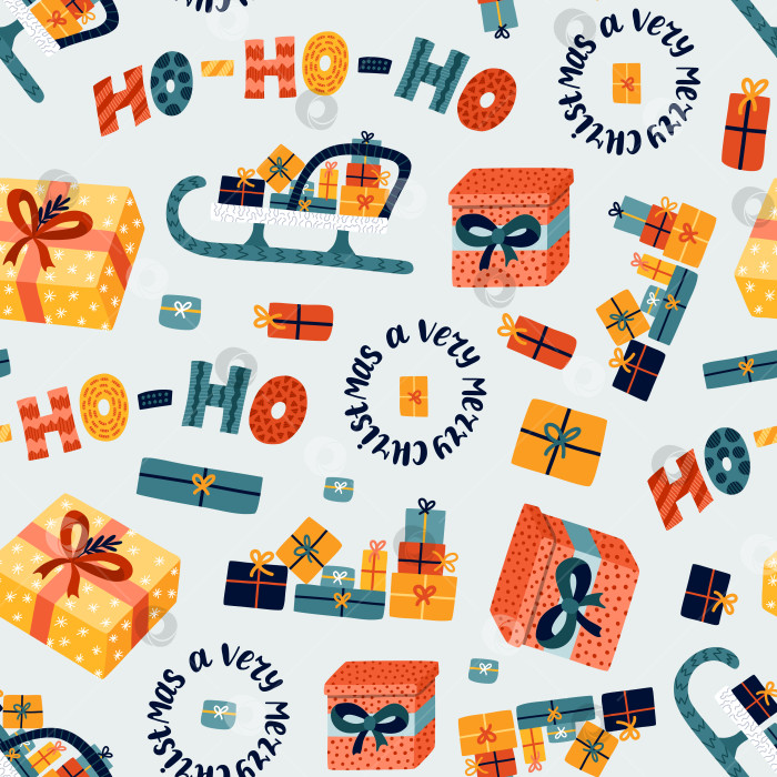 Скачать Симпатичный рождественский бесшовный узор с векторными рисованными праздничными иллюстрациями различных упакованных подарочных коробок, подарков, зимних надписей. Может использоваться для оберточной бумаги, постельного белья, блокнотов, упаковок фотосток Ozero