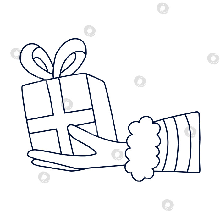 Скачать Вручение обернутой подарочной коробки с бантом. Концепция обмена, дарения и получения подарка, сюрприза, Рождества, праздника. Нарисованная от руки векторная рука в костюме Санты держит подарок. Изолированный каракуль. фотосток Ozero